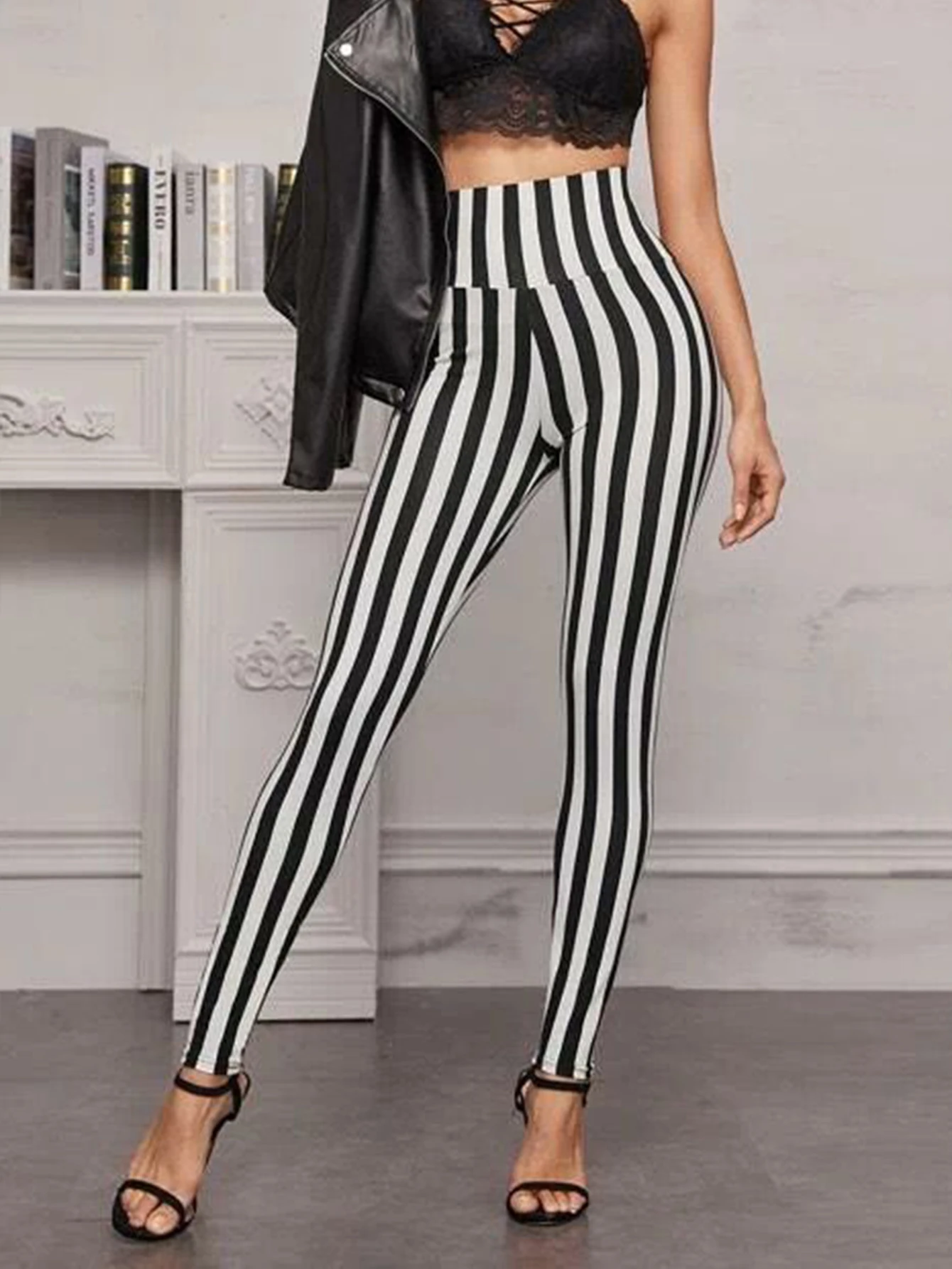 European And American Black And White Striped High-waisted Nine-point Leggings Fashion High-stretch Skinny Nine-point Pants