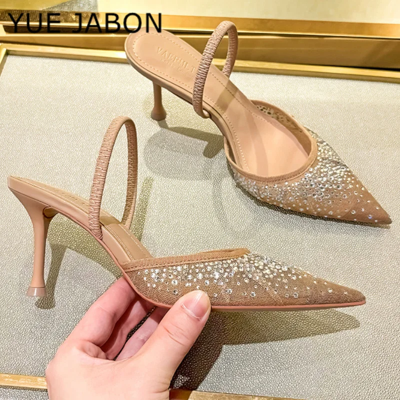 Sandales à Talons Hauts en Maille et Strass pour Femme, Chaussures d'Été de Styliste à Paillettes et Gemmes, Escarpins à Bout Jolie tu