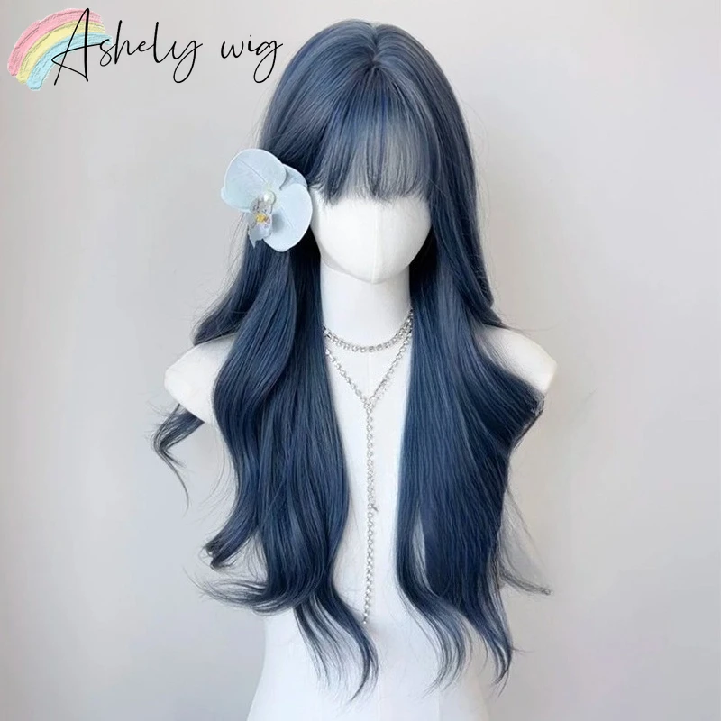 Ash Blue Wig for Women Long Wavy Hair Wigs High Temperature Fibers Synthetic Headband Wig with Bangs Cosplay 가발 Perruque Femme
