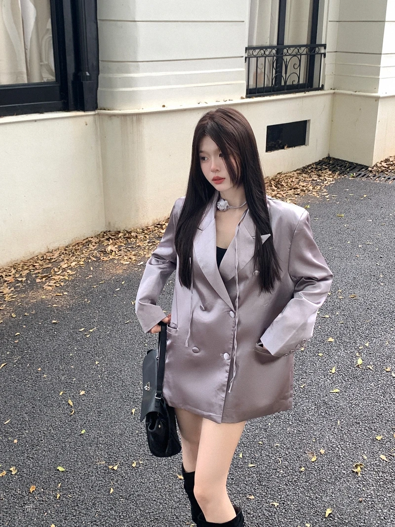 2024 High-grade Pink Purple Satin Women‘s Suit Loose Jacket Spring and Autumn Pad Shoulder Blazer Solid Office Lady Suit Top