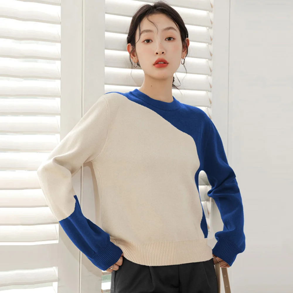 

New Women Autumn Winter Loose Sweater Fashion O-Neck Long Sleeve Contrast Color Knitted Sweater Casual Easy match Pullovers