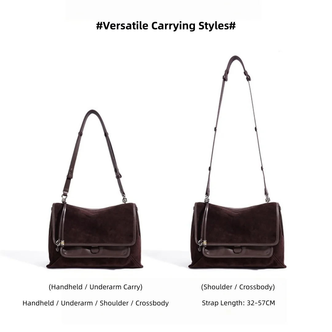 Split Suede Cowhide Women Flap Hobo Bag Vintage Commuter Underarm Shoulder Crossbody Bag Large Capacity Daily Purse