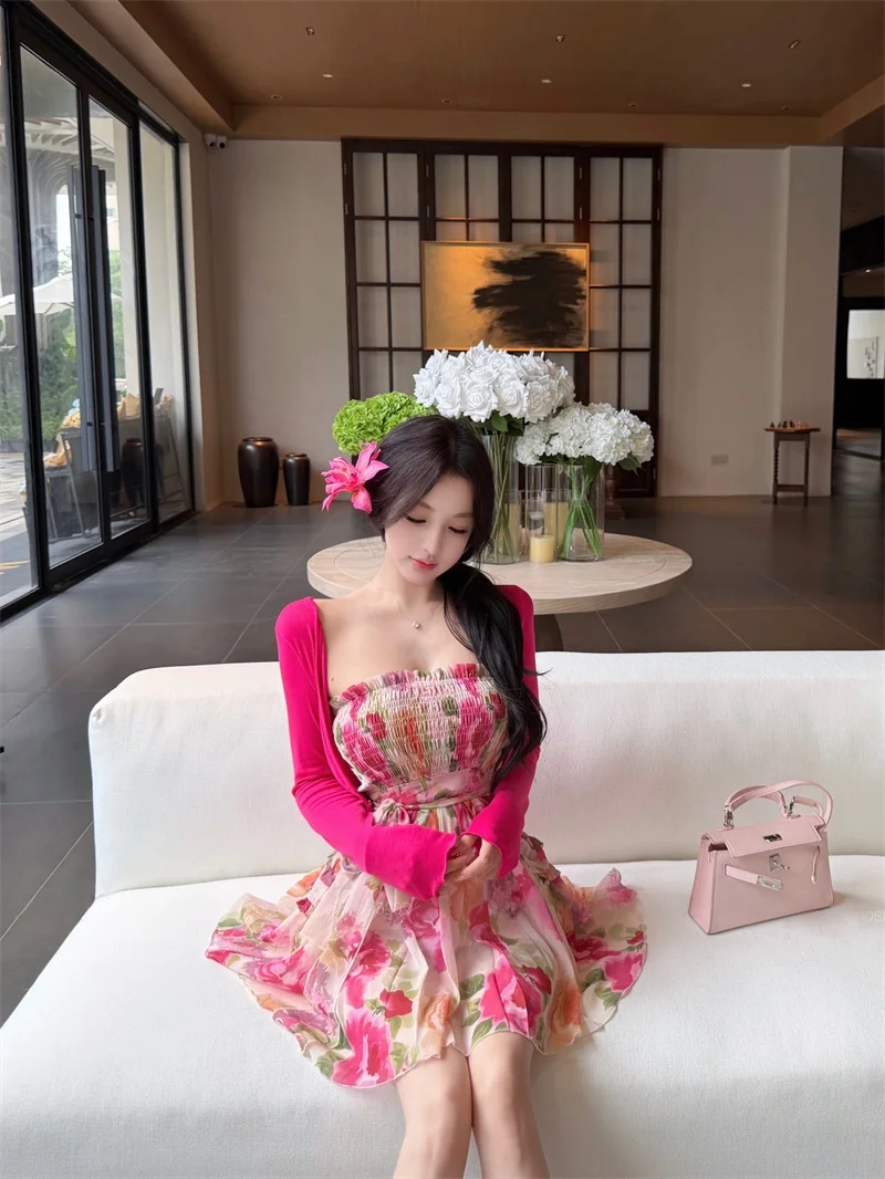 

Kumikumi Pure Desire Short Sleeveless Floral Dress And Open Cardigan Long Sleeve Outerwear Women Summer Two-Piece Set
