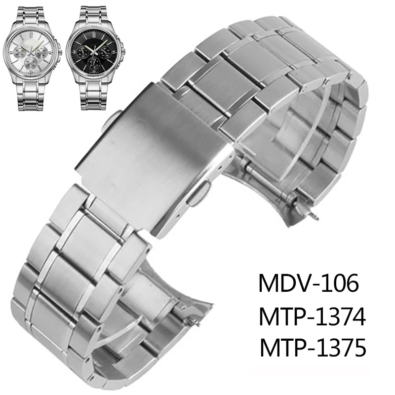 For Casio MDV106-1A Stainless Steel Curved End strap MTP-1374 MTP-1375 MDV-106 solid metal watchband chain 22mm Men\'s Wrist band