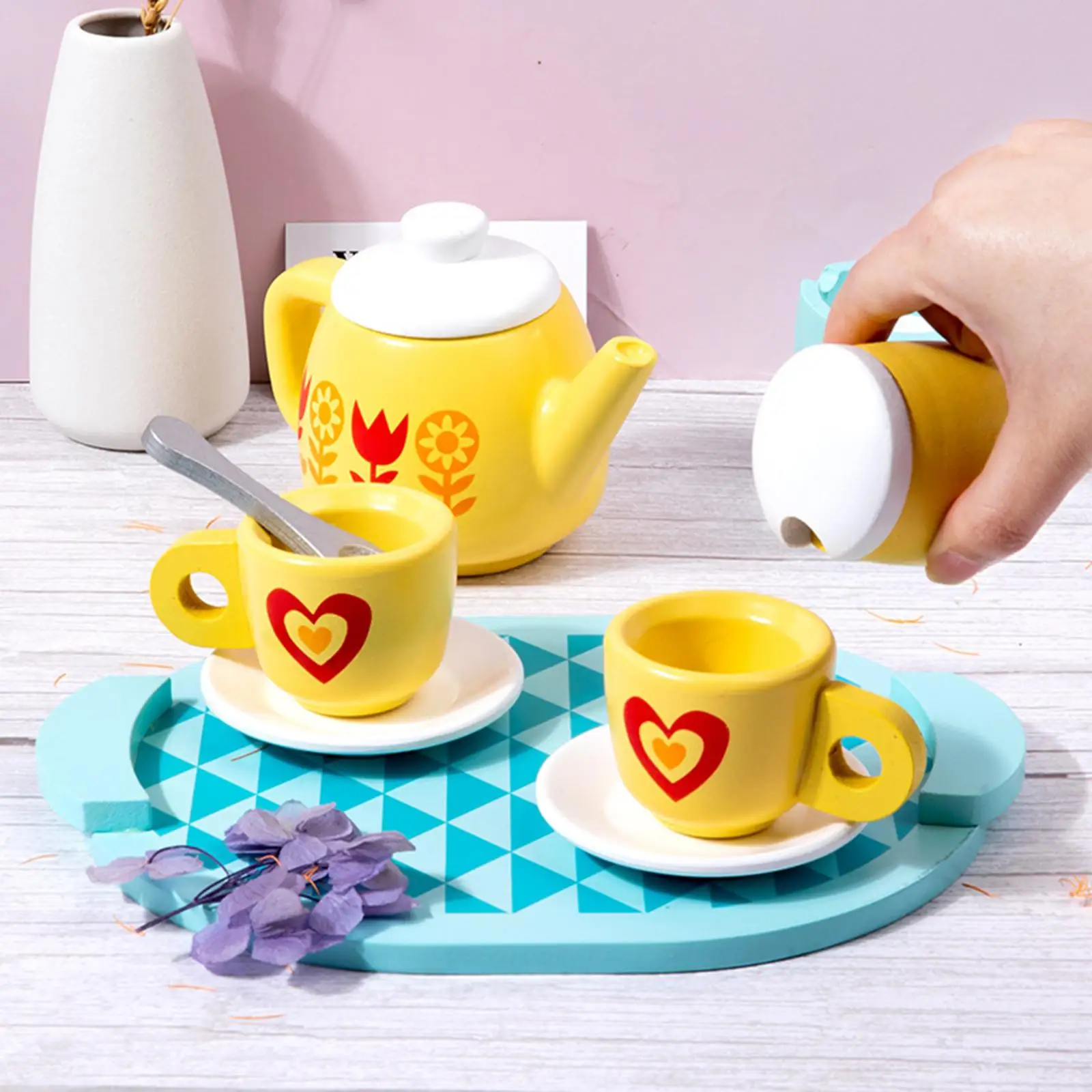 8 Pieces Wooden Toy Tea Party Tableware for Tea Set Play Toy