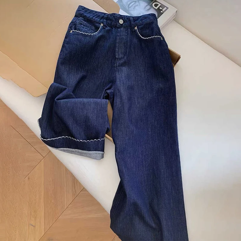 

Retro Deep Blue Denim Pants Women Summer Oversized High Waist Straight Splice Color Ankle Length Trousers Female Washed Jeans