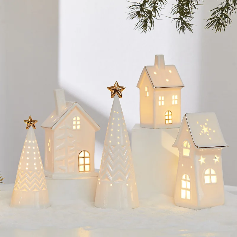 Ceramic Christmas Village Snow House LED Light Up Glowing Ornament Creative Tabletop Decor for Holiday Scene Porcelain Figurine