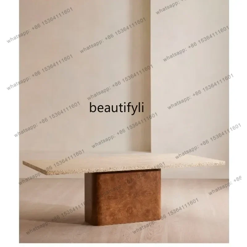 Travertine medieval dining table household rectangular light luxury modern French natural marble