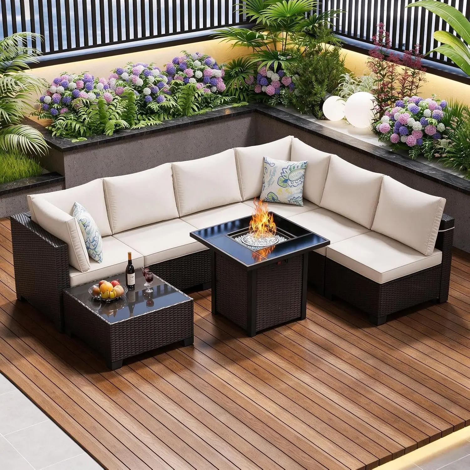 Outdoor Patio Furniture Set with Fire Pit Table, 8 Piece Wicker Rattan Sectional Furniture with Thick Cushions, Customized