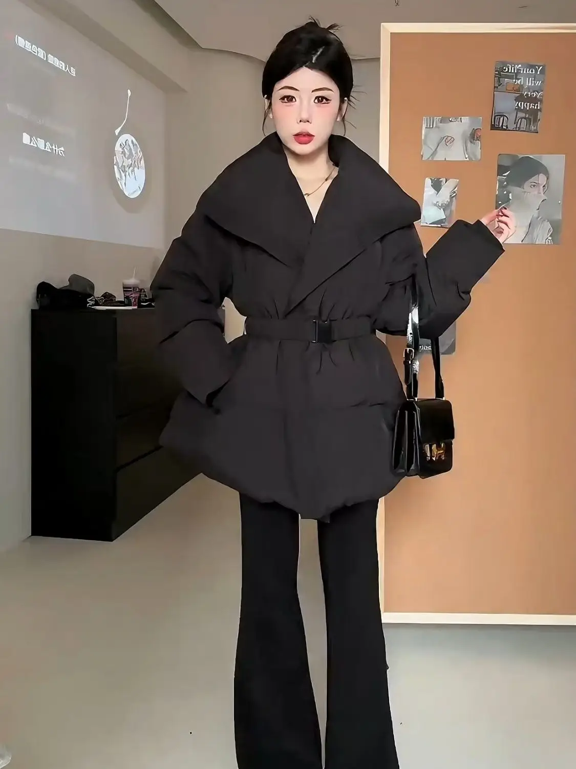 ​ ​ 2025 invierno diseñador de gran tamaño Lape acolchado abrigo mujeres Slim Fit cintura con cinturón cálido Chic ropa de abrigo única ​ ​