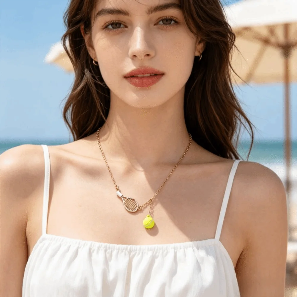 Openwork Design Tennis Racket Necklace Tarnish Free Waterproof Racket Pendant Necklace Sport Necklace For Women