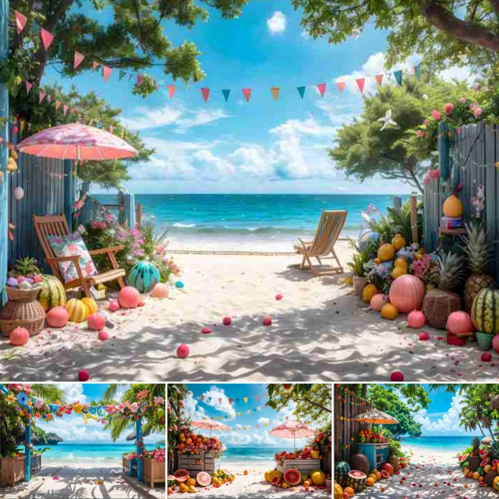 

Summer Beach Backdrop Photo Hawaiian Seaside Sunshine Palm Tree Tent Tropical Fruit Holiday Party Decor Photography Background
