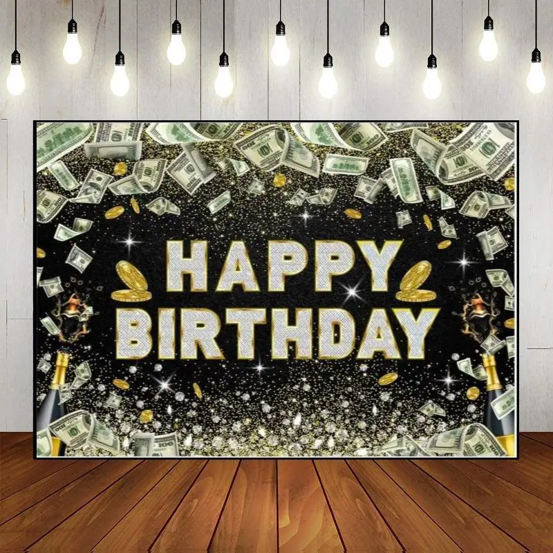 Photography Backdrop Happy Birthday Decoration Party Wall Bill Champagne Banner   Diamond Custom Money Theme Glitter Photo