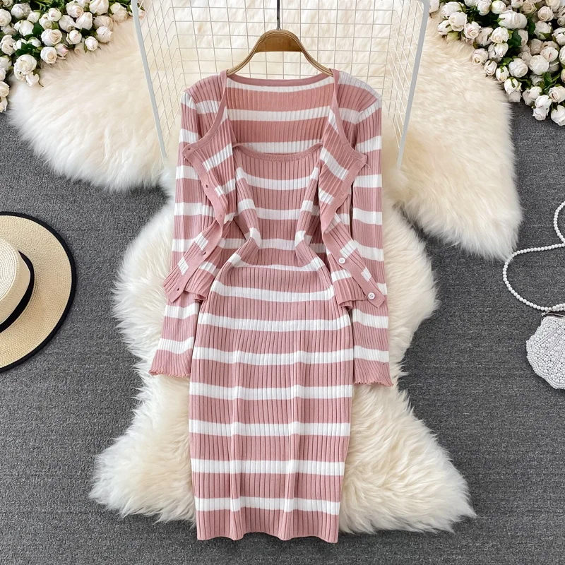 

Slim Fit Striped Knitted Dr Two Piece Set Women's Faion Sun Protection Cardigan High Waist Belted Slimming ift Dr