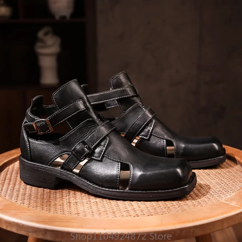 

Мужские сандалии ручной работы с высоким берцем из натуральной кожи, роскошные полые туфли-гладиаторы в стиле ретро, уличные походные сандалии премиум-класса с квадратным носком