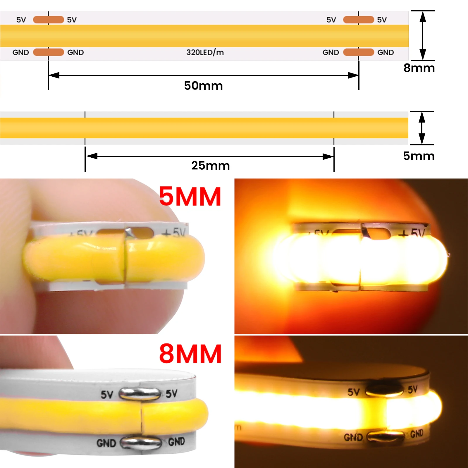 Bande Lumineuse LED Tactile USB COB, 5V 320 Gible/m, Flexible, Ruban à Diodes Linéaire, Éclairage Nik, Lampe, Bricolage, Miroir TV, Rétro-Éclairage,