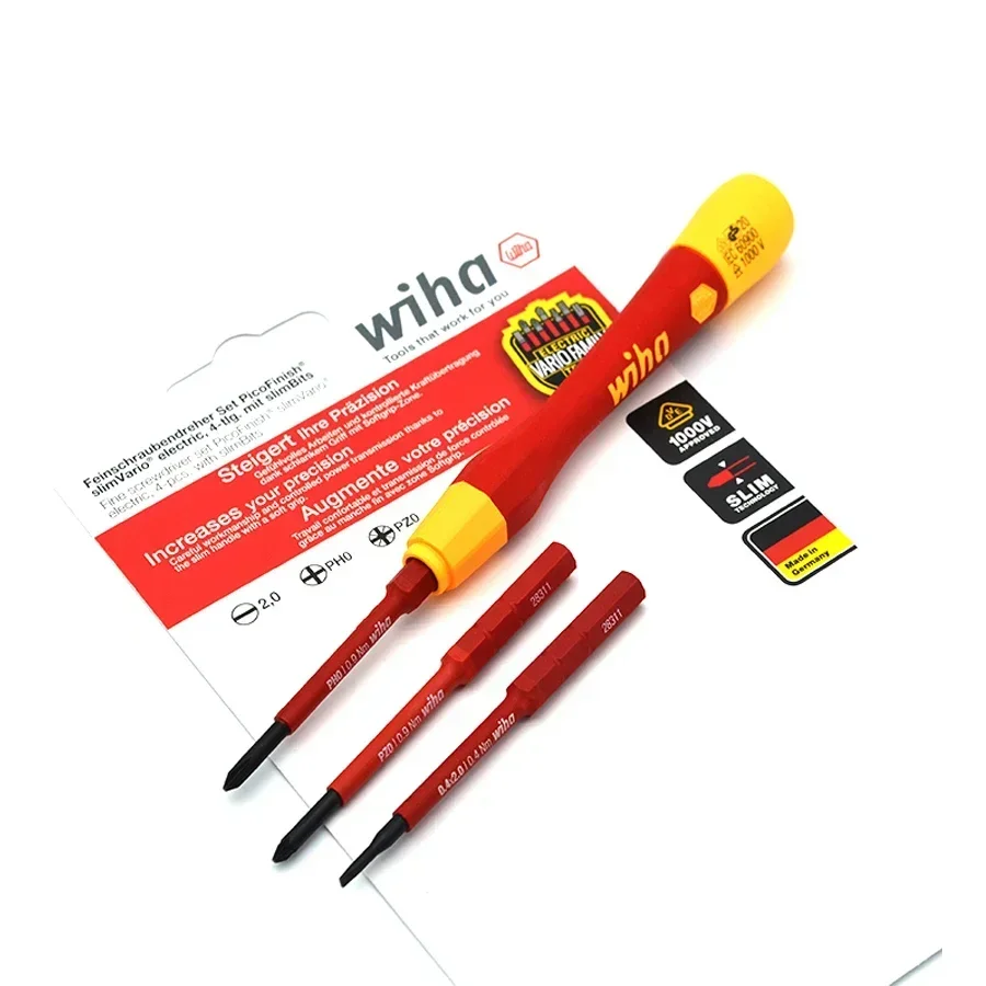 WIHA 43167 4 PCS PicoFinish®Insulated Screwdriver Set Removable Precision Electrician Tool for Slotted Phillips Pozidriv Screws