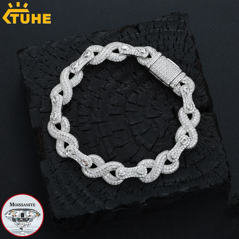Pulsera Cubana Infinito Unisex TUHE de 10 mm con Moissanita Iced Out, Bañada en Oro de 18K, de Cobre, para Hombre y Mujer, Joyería Hip Hop, Regalo
