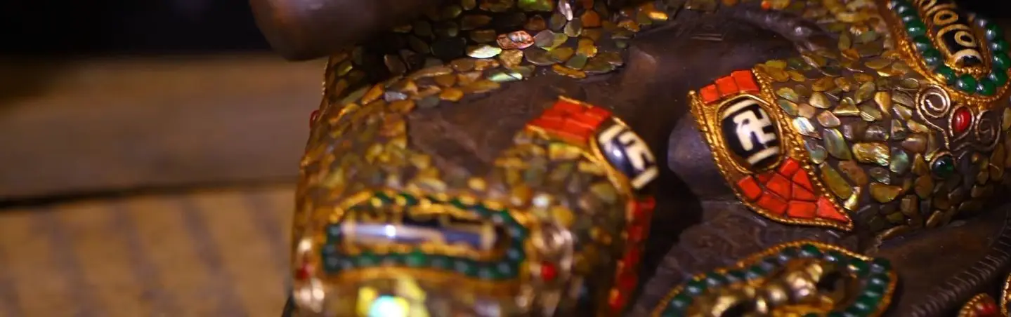 Old Bronze Copper Painted Mosaic Gem gZi Beads Turquoise Dipankara Buddha Sitting Buddha Lotus Throne Worship Hall