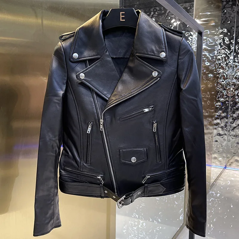 New Genuine Sheepskin Leather Jacket Fashion Real Leather Coat Lady Oversize Retro Moto Biker Jacket Pink