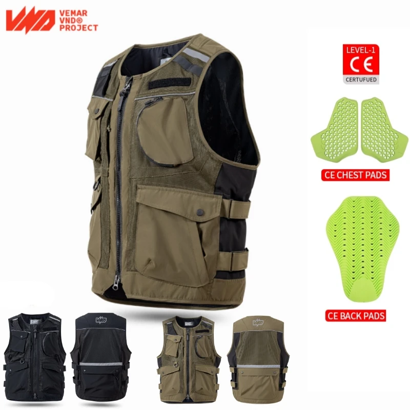 

VND Men Breathable Motorcycle Riding Vest Mesh Reflective Vest with Back & Chest Pads, Abrasion-Resistant with Multiple Pockets