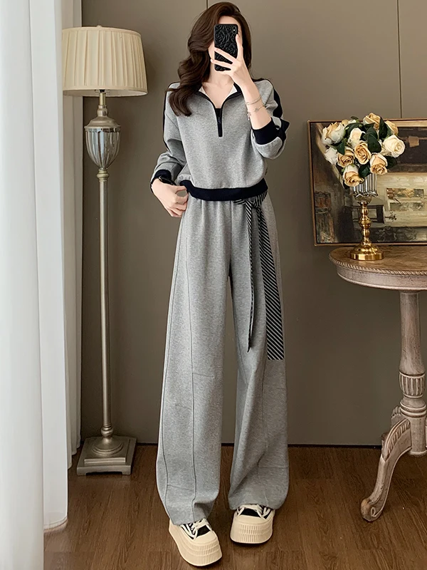 

Fashionable Sportswear Set Women's Winter Anti-Aging Trendy Grey Short Top Wide Leg Pants Two-Piece Set Casual Leisure Outfit
