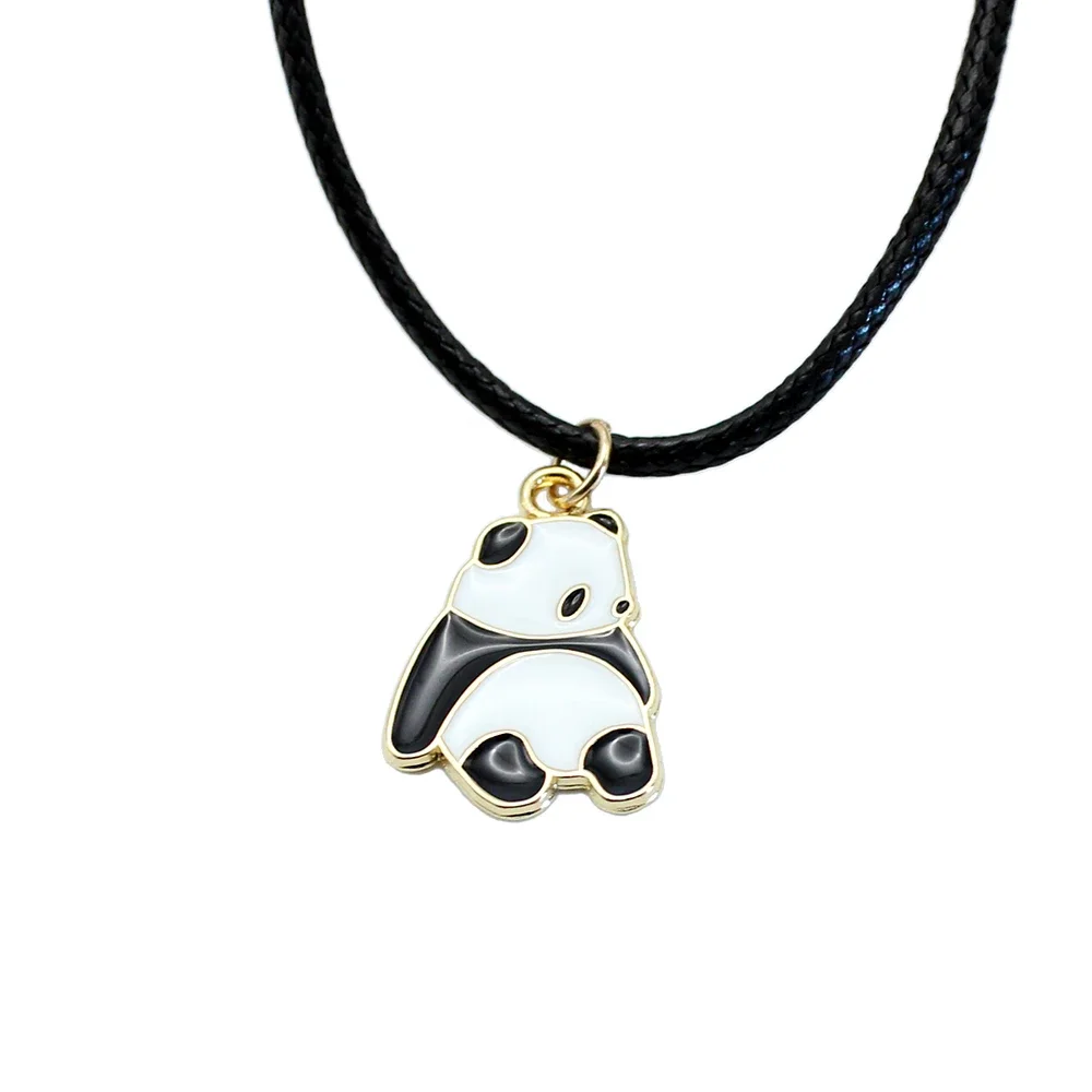 Goth Panda Short Animal Pendant Choker Chain Necklace for Women Black Leather Braid Wax Cord Halloween Jewelry Accessories