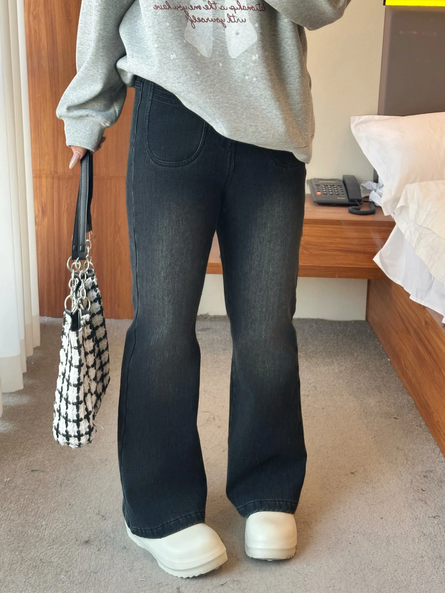 

Модные джинсы-буткат на флисовой подкладке для полных женщин: теплые, из хлопкового денима, с высокой талией, для повседневной носки, осень-зима