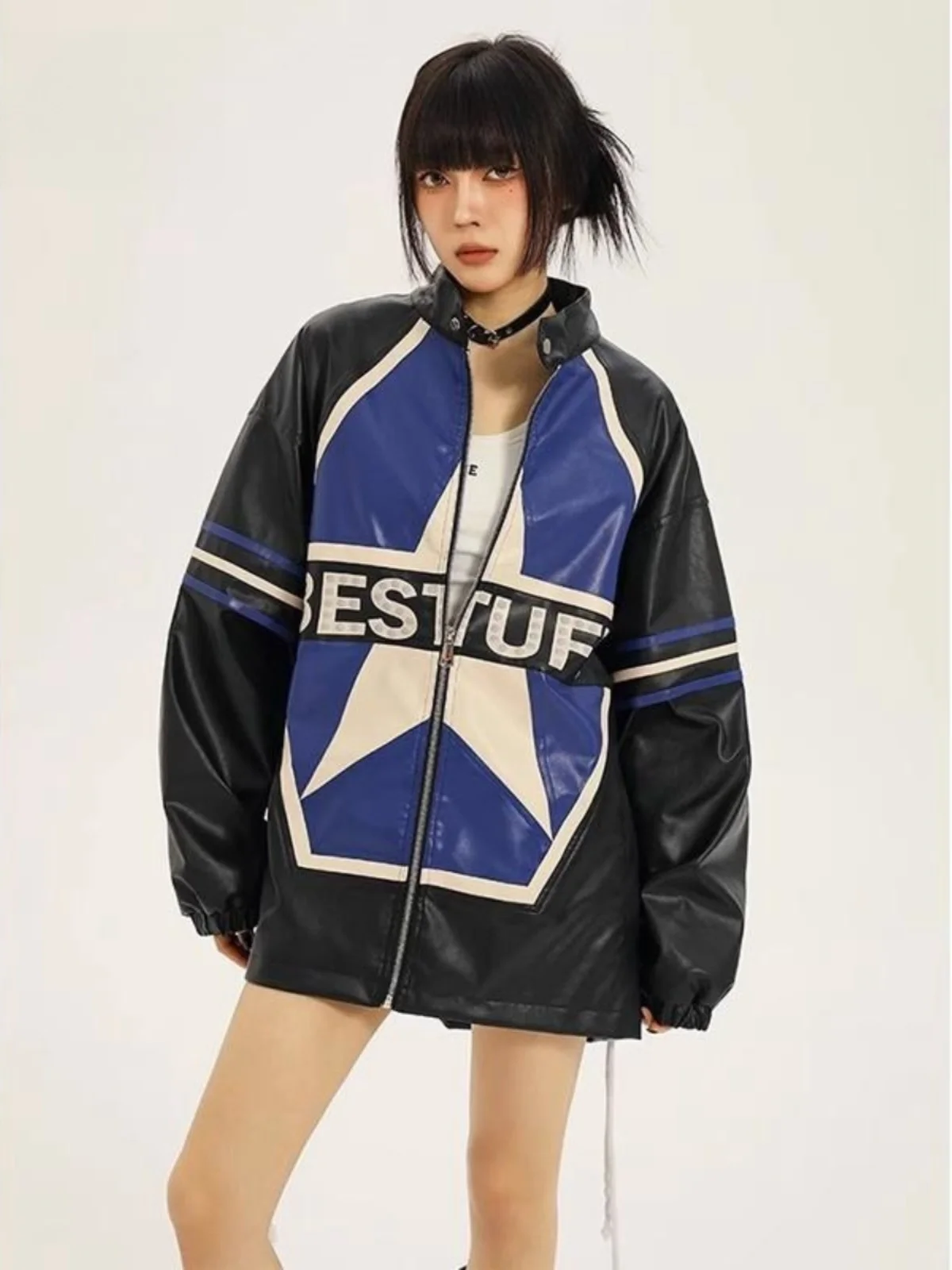 

Extra Large 300 Pou Autumn Color Blo Motorcycle PU Leather Jaet Men's Faion Retro Hip Hop Racing Suit Jaet