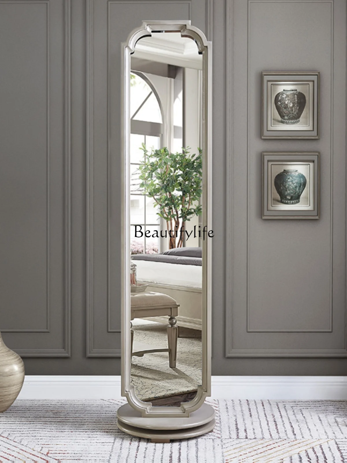 European-Style Solid Wood Dressing Floor Mirror Storage Rotating American Light Luxury Retro Full Body Mirror