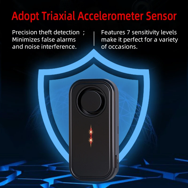 إنذار اهتزاز، حجم مستوى السيارة 113 ديسيبل، 7 مستويات حساسية، مقاومة للماء IP66، جهاز تحكم عن بعد 30-60 مترًا، مادة PC المضادة للأشعة فوق البنفسجية