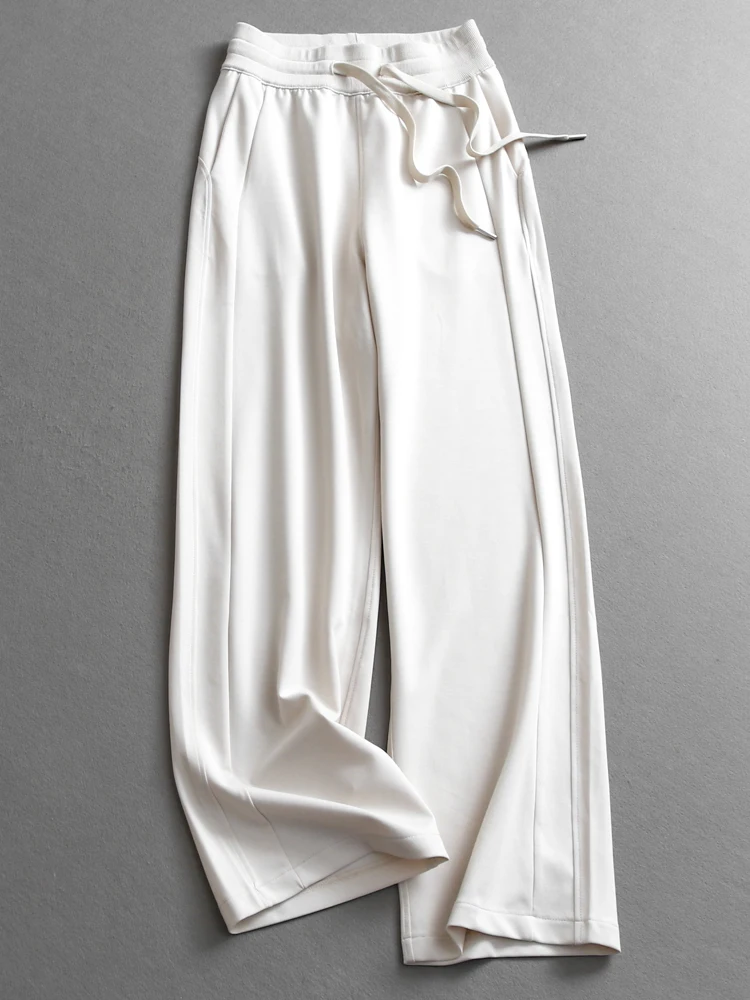 Soft Loose Straight Leg Pants Women's High Waist Wide Leg Casual Trousers Pure Color Cuffed Drawstring Elastic Waist Thin