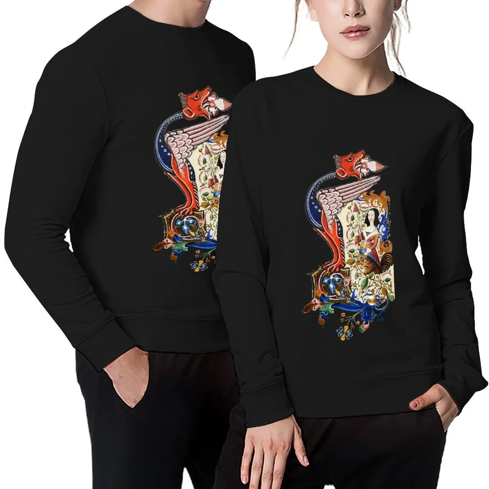 

WEIRD MEDIEVAL BESTIARY Dragon and Spinning Harpy Among Flowers Pullover autumn autumn new products men's coat men sweatshirt
