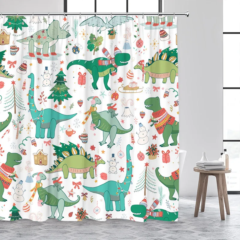 Funny Dinosaur Christmas Shower Curtains Cartoon Animals Snowman Xmas Tree Winter Kids Bath Curtain Set Fabric Bathroom Decor