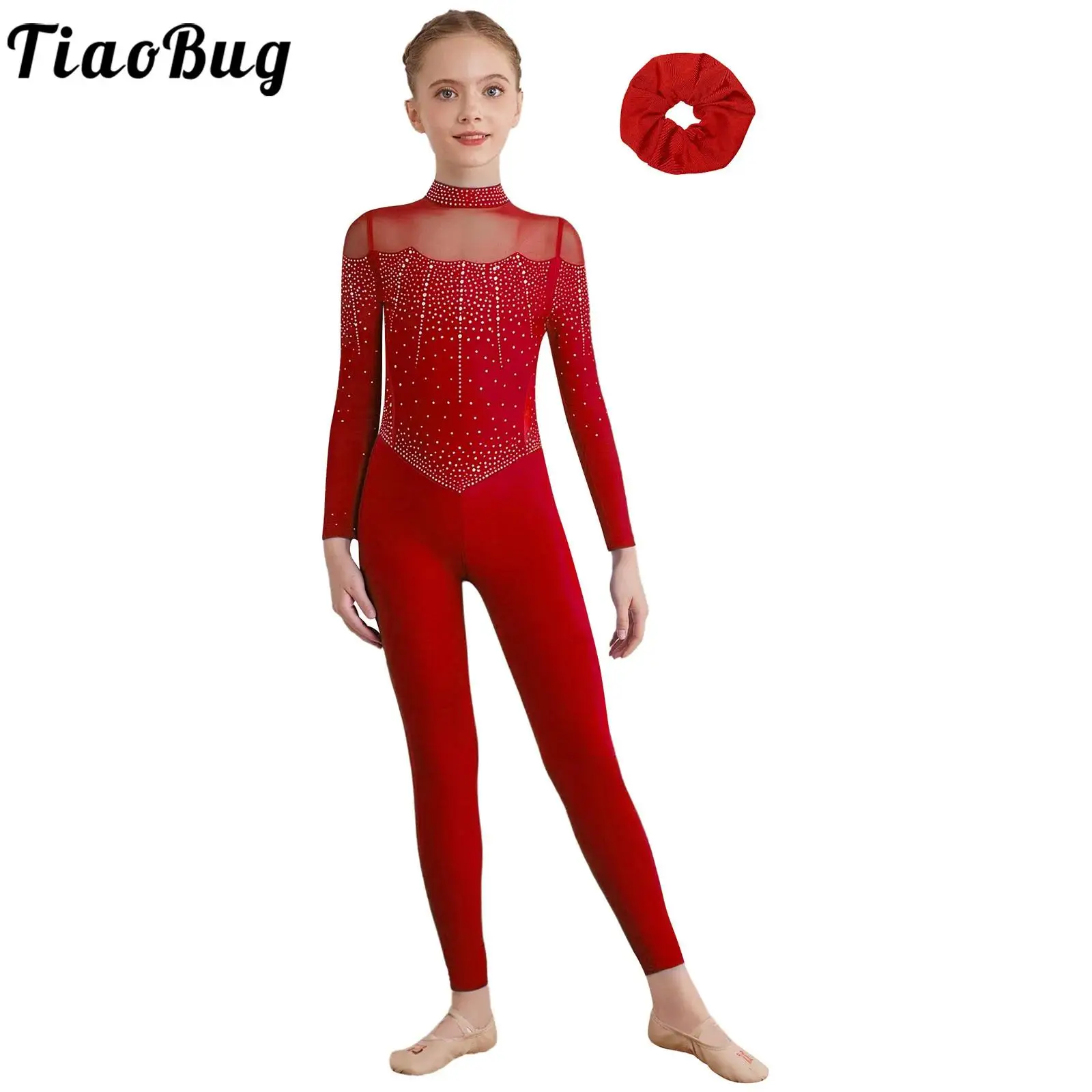 

Kids Girls Figure Skating Rhythmic Gymnastic Ballet Outfits Long Sleeve Sheer Mesh Patchwork Rhinestones Jumpsuit with Hair Band