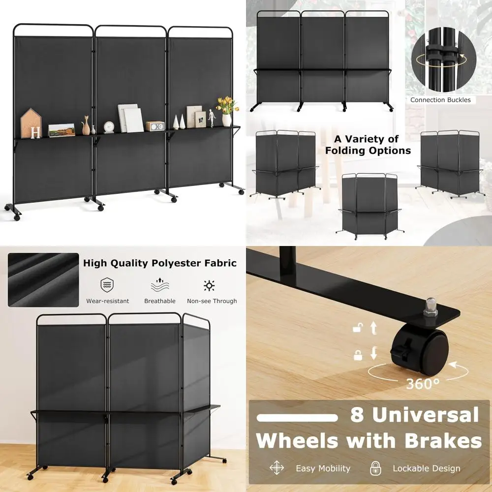 مقسم غرفة قابل للطي بثلاثة ألواح مع عجلات وأرفف، 103 عرض × 74 طويلًا، قسم شاشة الخصوصية للمنزل، فاصل دوار مع
