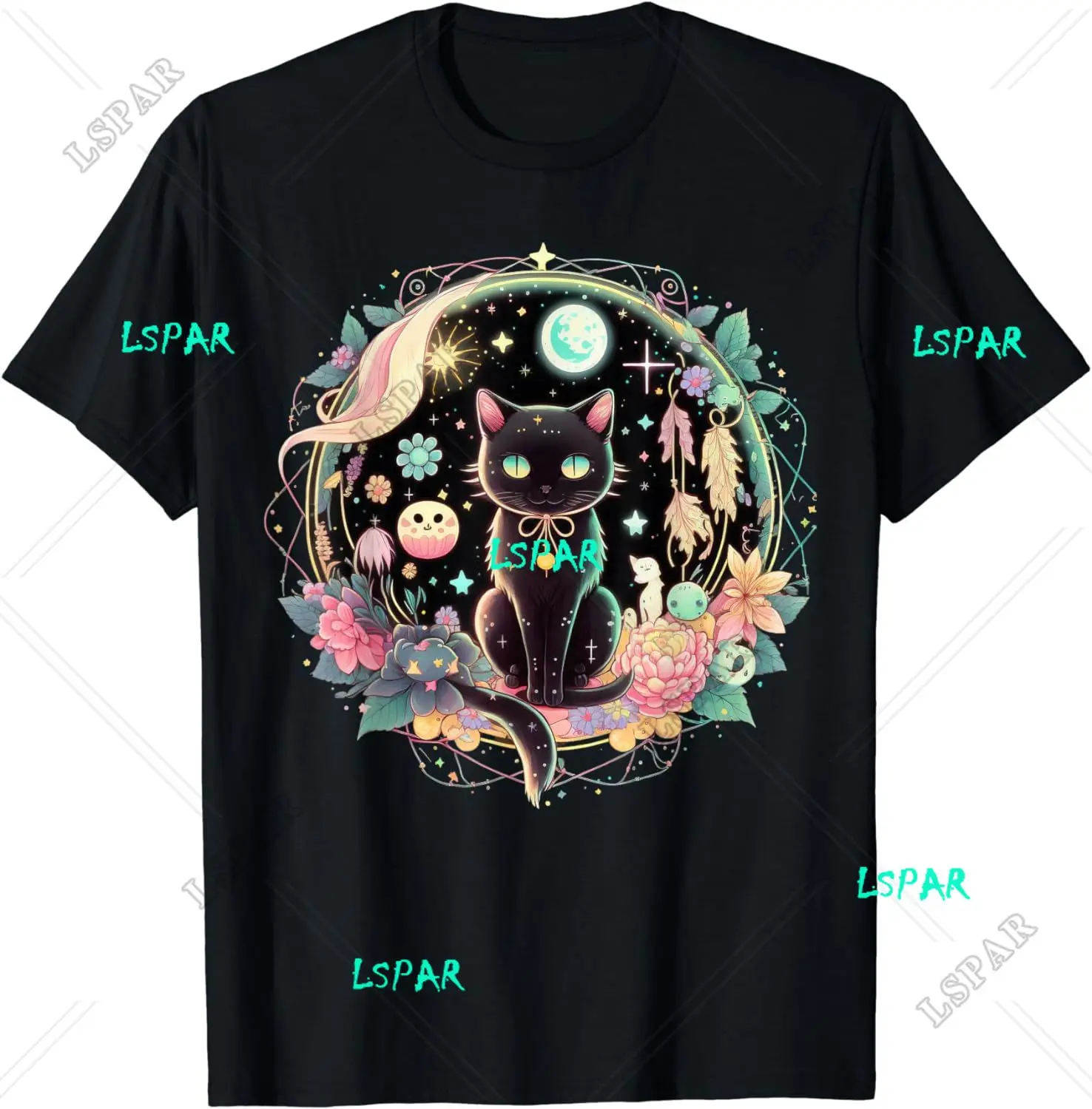 Moon Phases Crystal Witchy Cute Black Cat Kawaii Pastel Goth T-Shirt