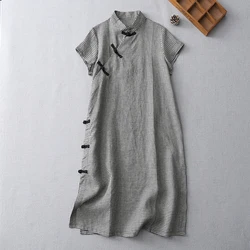 Vintage Black And White Plaid Linen Cotton Short Sleeved Dress Women Summer Improved Chinese Style Cheongsam Qipao Robe X1268