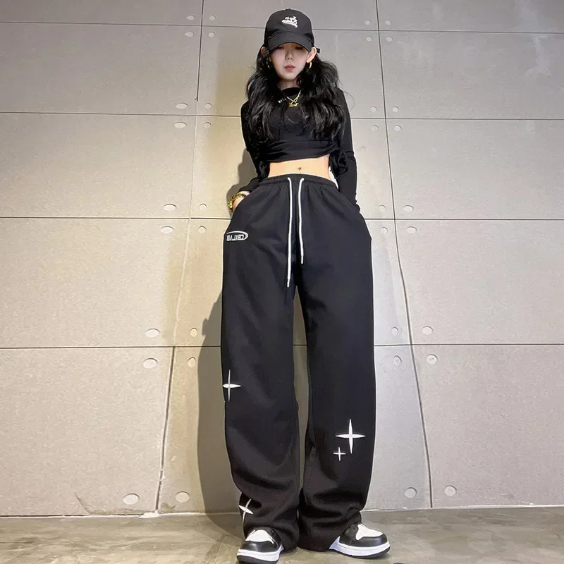 Korean Harajuku Parachute Pants Women Oversized Hip Hop Wide Leg Cargo Trousers Baggy Black Joggers Y2k Streetwear