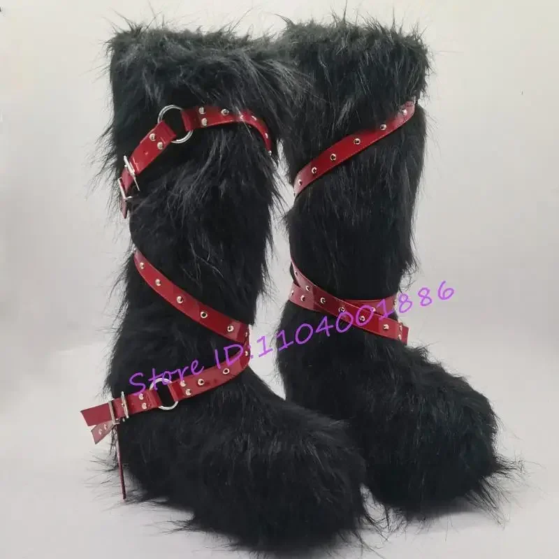 

Faux Fur Knee High Snow Boots for Women Wedges Platform White Brown Black Fluffy Fuzzy Rivets Cross Strap Winter New Long Boots