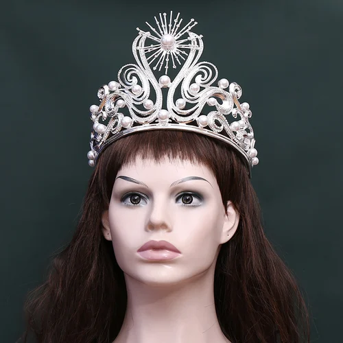 Tiaras y coronas barrocas grandes para mujer, diadema para fiesta de desfile de belleza, diademas de Metal de lujo, decoración de perlas, joyería para el cabello de boda para novia