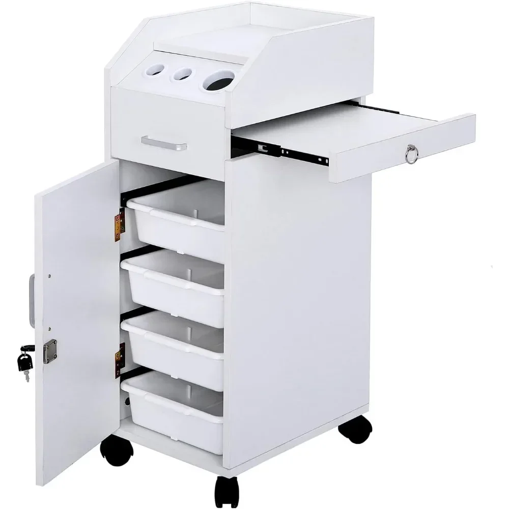 Hair Salon Storage Cart with Wheels & 4 Drawers & Lock ，2 Keys, SPA Utility Trolley (White)