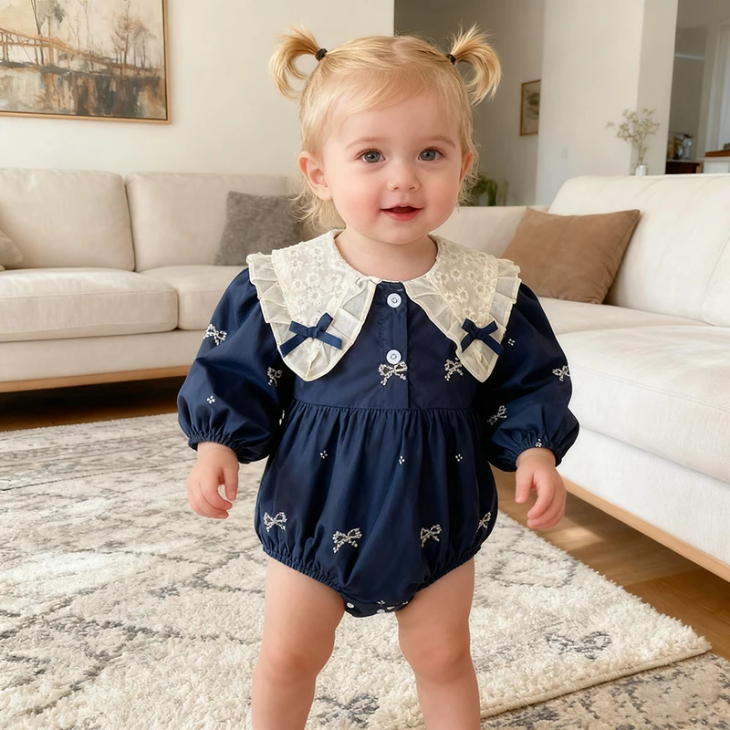 

2025 New Autumn Newborn Korean Style Bodysuits Long Sleeved Bow Cotton Embroidery Baby Girls Bodysuits 0-24M Baby Girl Clothing