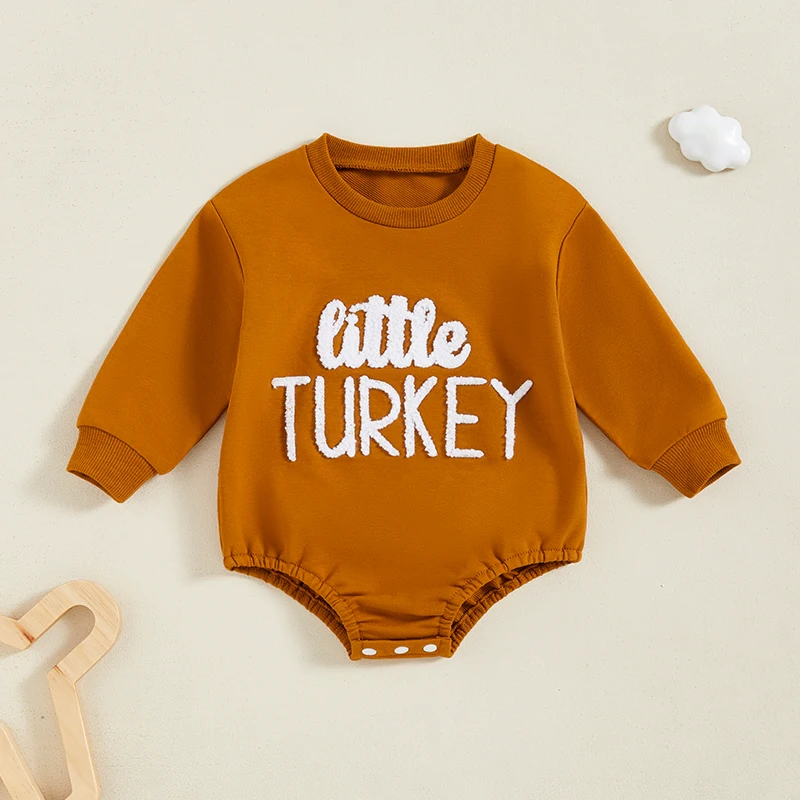 Baby Thanksgiving Sweatshirt Romper Letter Embroidery Round Neck Long Sleeve Bubble Bodysuits Fall Jumpsuit Costume