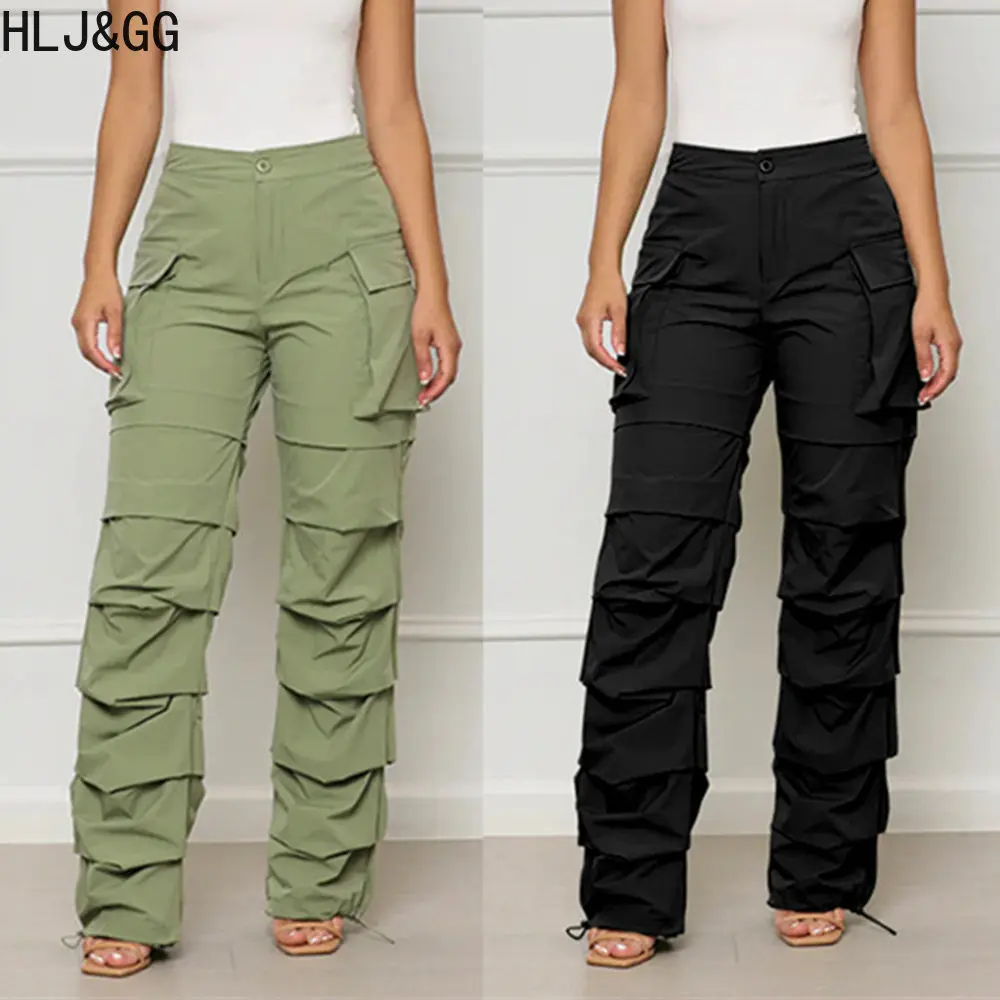 

HLJ&GG Fashion Pleated Pocket Cargo Pants Women High Waisted Button Straight Trousers Fall Winter Solid Color Matching Bottoms