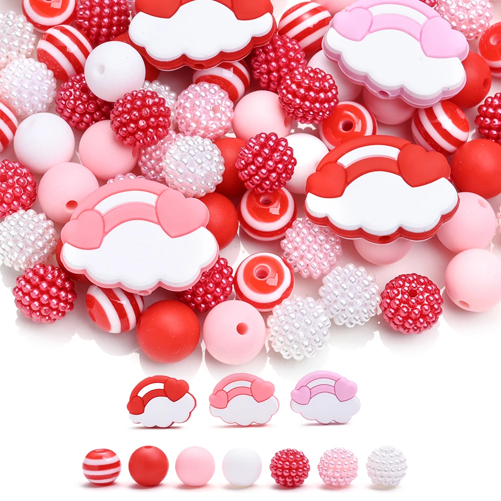 73Pcs Valentine's Day Style Silicone Bead Set Cloud Beads Bayberry Beads for Festive Decorations Diy Festive Bracelet Keychain