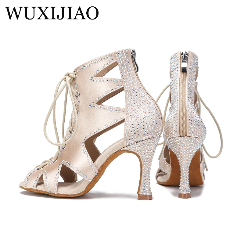 WUXIJIAO-zapatos de baile latino para mujer, botines gruesos de salón, tacones altos, color negro y rojo