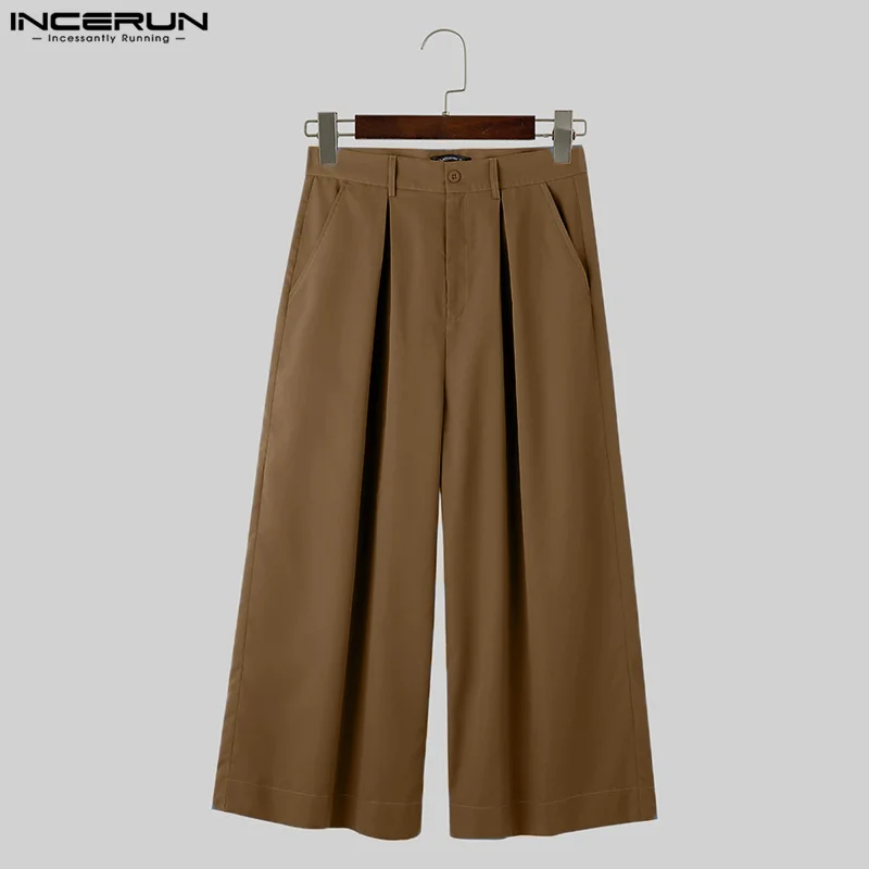 2024 Men Wide Leg Pants Solid Color Pleated Loose Joggers Button Trousers Men Streetwear Pockets Fashion Casual Pants INCERUN