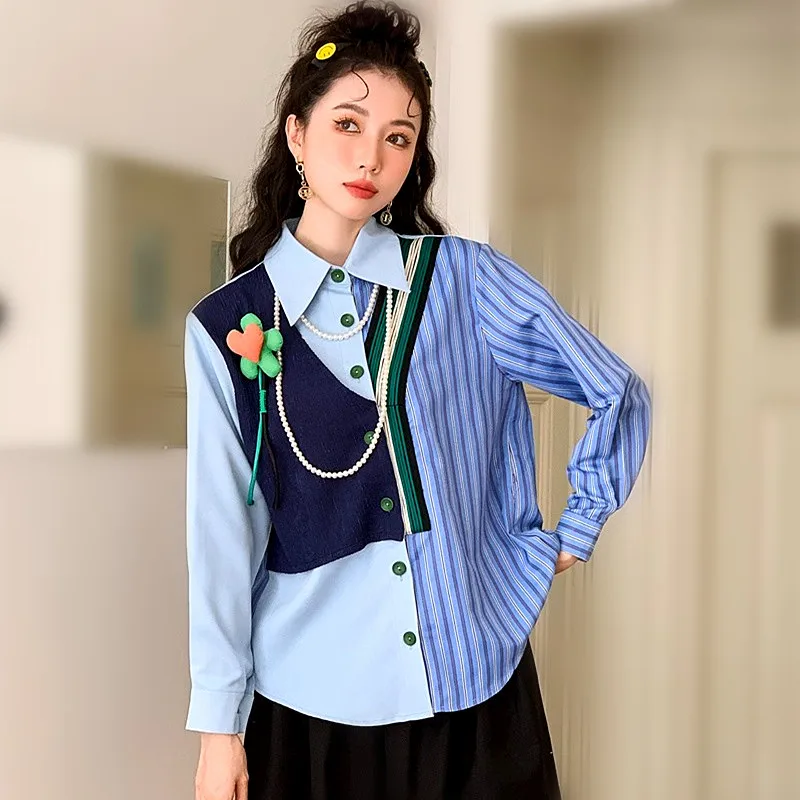 

New Women Designer Spring Flowers Appliques Shirts Spring Stripped Print Patchwork Spliced Ladies Street Party Blouses NZ245