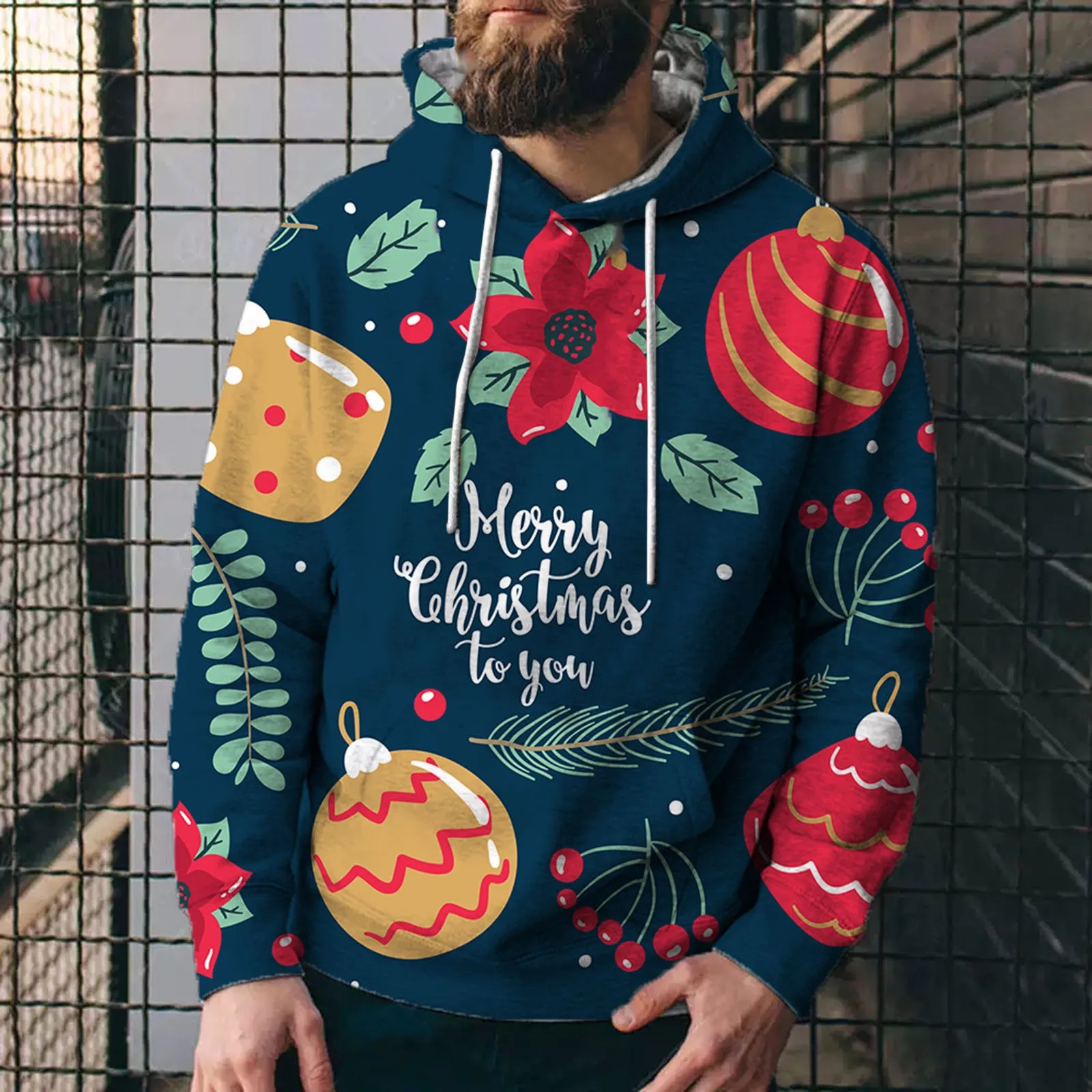 

Men's Christmas Printed Casual Pullover Autumn And Winter Warm Shirts Novelty Fashion Long Sleeve Sports Hooded